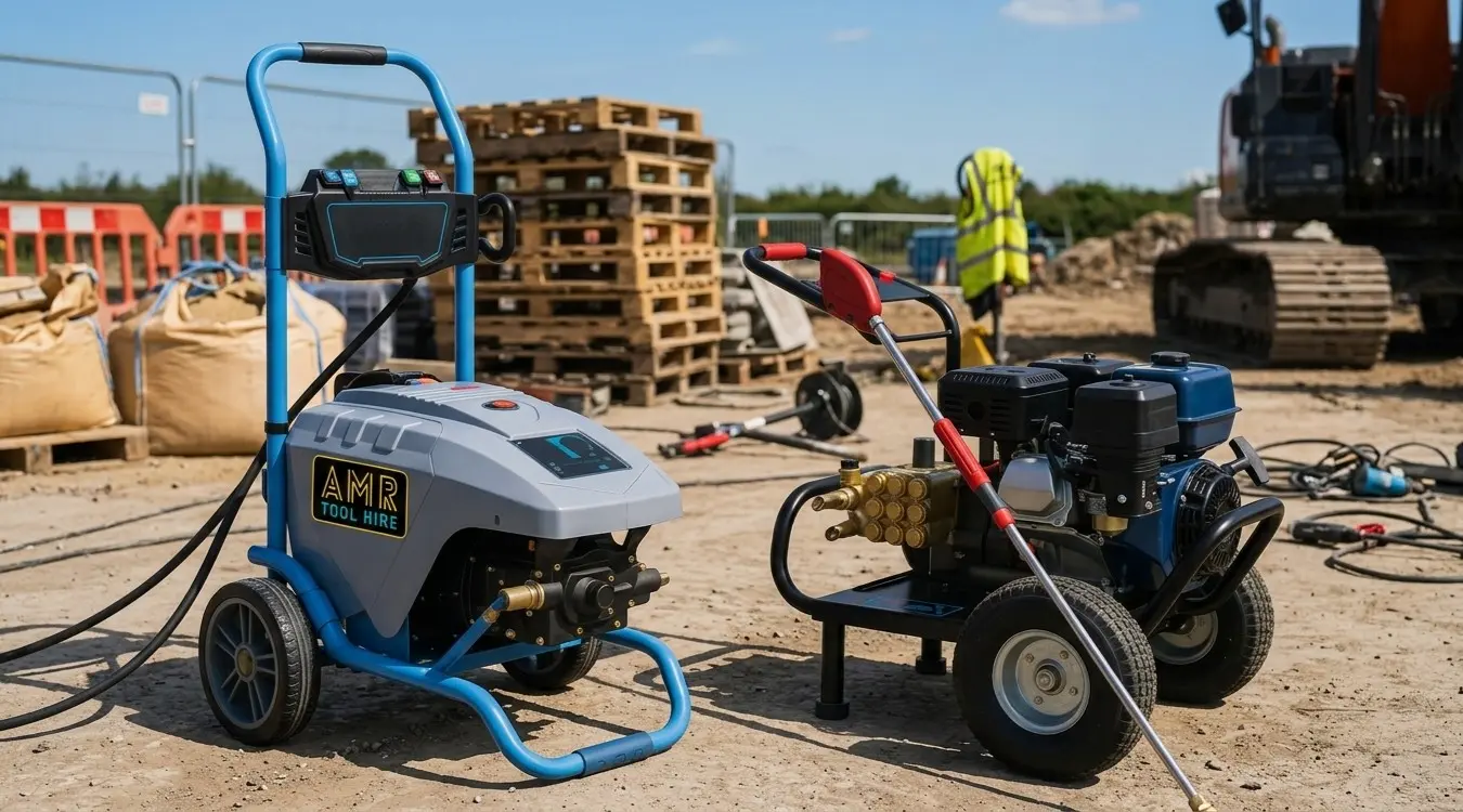 Electric and petrol-powered pressure washers, side by side