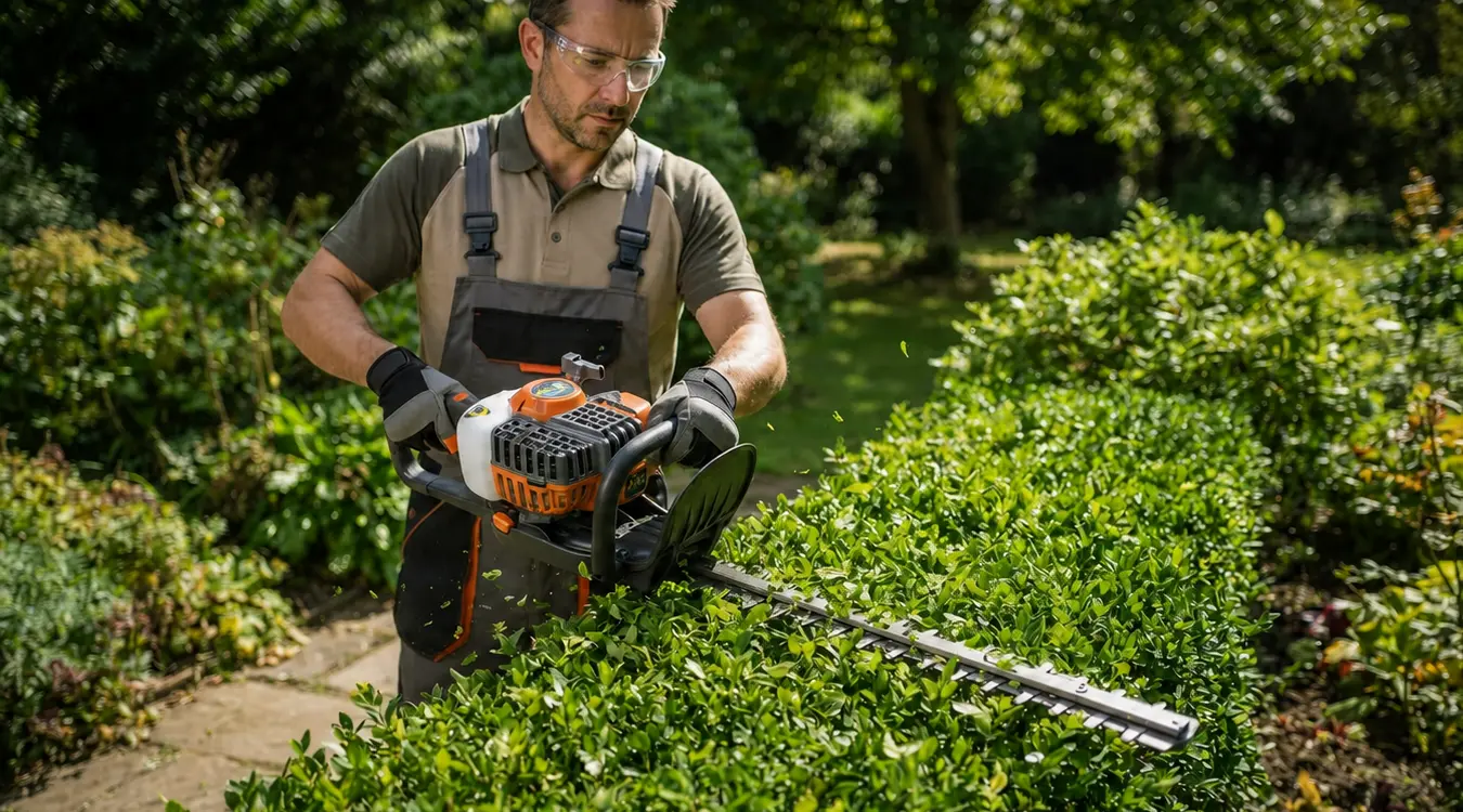 Petrol-powered hedge trimmer for garden maintenance