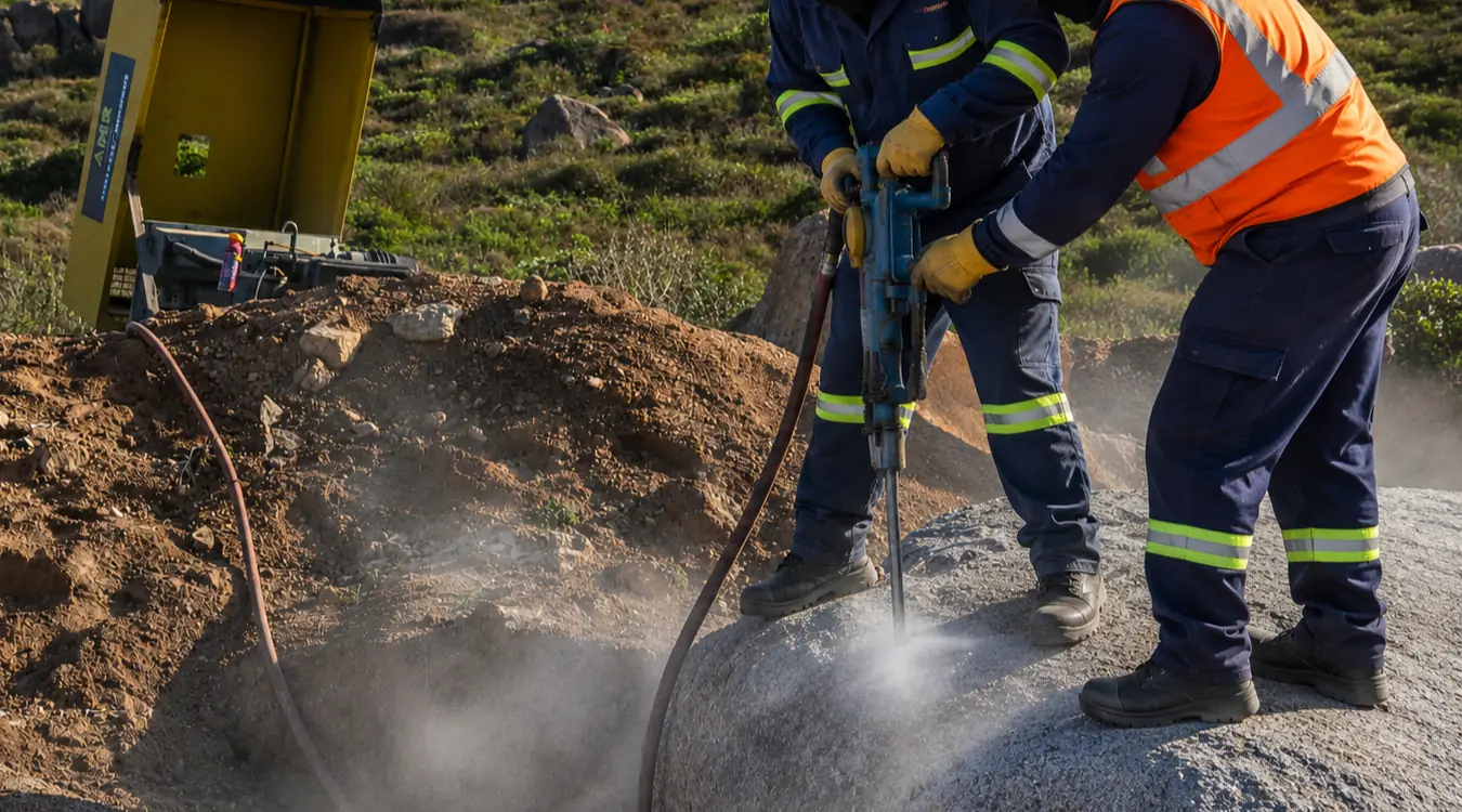 Drilling equipment boring precision holes into rock at a job site