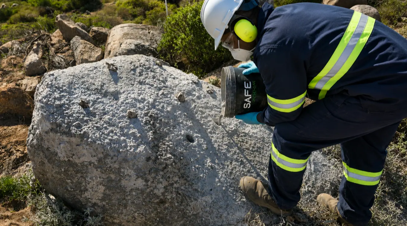Specialised chemical solution being applied into drilled rock holes